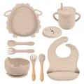 Silicone Baby Feeding Set Toddler Suction Plate Bowl Spoon Fork Bib Khaki Colors - Y24 Lamb Set