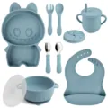 Blaues Silikon Baby Essset mit Monster Teller, Schale, Löffel, Gabel, Becher und Lätzchen. - Y21 Cartoon-Teller + Lätzchen + Schüssel mit Ohren + Deckel + Herz-Edelstahllöffel & -gabel + Silikonlöffel & -gabel + Herzbecher + Snackdeckel