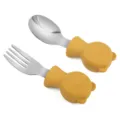 Baby stainless steel fork and spoon set with cute yellow silicone bear handle for feeding. - Yellow