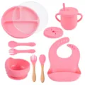 Roze siliconen baby servies set met vakken bord, beker, slab, lepel en vork voor peuters. - Y14 Set met deksel
