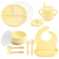Silicone baby feeding set 9pcs divided plate bowl cup bib spoon fork infant weaning tableware - Y11 Feeding Set: Plate & Lid, Bowl with Handles & Lid, Bib, Sippy Cup & Snack Lid, Silicone & Wooden Handle Spoon & Fork
