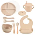 Siliconen baby servies set met zuignap bord, kom, beker, lepel, vork en slabbetje voor kids. - Y15 Set met deksel