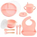 9-piece baby silicone feeding set with divided plate, suction bowl, straw cup and bib. - Y12 Feeding Set: Plate & Lid, Bowl with Handles & Lid, Bib, Sippy Cup & Snack Lid, Silicone & Wooden Handle Spoon & Fork