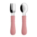 Baby stainless steel fork and spoon set with pink silicone handle cute toddler cutlery combo - Y19
