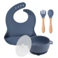 Σετ Φαγητού Μωρού Σιλικόνης Μπλε Σαλιάρα Μπολ Κουτάλι Πιρούνι Βρεφικό Αξεσουάρ - Μπλε Ομίχλης (Σετ 5 Τεμαχίων)