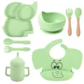 Set de repas bébé en silicone avec assiette éléphant, bol, bavoir, tasse et couverts mignons. - Y3 (Bavoir Imprimé)