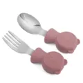 Stainless steel baby spoon and fork set with cute pink bear silicone handles for toddler training. - Pink