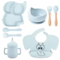 Set de repas bébé en silicone bleu avec assiette éléphant, bol, bavoir et couverts. - Y5 (Bavoir Imprimé)