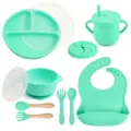Silicone baby feeding set 9-piece toddler suction plate bowl cup spoon fork bib mint green - Y13 Feeding Set: Plate & Lid, Bowl with Handles & Lid, Bib, Sippy Cup & Snack Lid, Silicone & Wooden Handle Spoon & Fork