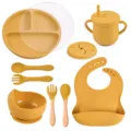 Siliconen Baby Eetset met Zuignap Bord Kom Tuitbeker Slabbetje Lepel Vork Geel - Y17 Set met deksel