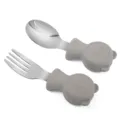 Baby stainless steel training fork and spoon set with cute grey silicone bear handle for kids. - Gray