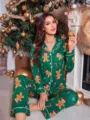 Christmas gingerbread print long sleeve pajama set for women holiday sleepwear loungewear - S / Green