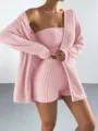 Women pink ribbed 3 piece loungewear set long sleeve cardigan tube top shorts comfy sleepwear - S / Pink