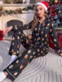 Kerst peperkoek print lange mouw pyjama set voor dames, gezellige homewear detail. - S / Boven- En Onderstuk / Zwart