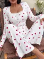 Close-up detail of women's white ribbed loungewear set with pink hearts, lace and ties. - S / Set / Red Heart