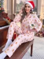 Vrouwen Kerst Peperkoek Print Lange Mouw Pyjama Set Roze Nachtkleding En Mooie Stijl - S / Boven- En Onderstuk / Roze