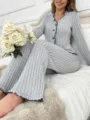 Womens grey ribbed pajama cardigan set cozy long sleeve lounge wear with flare pants - S / Top And Bottom / Gray