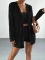 Women ribbed knit 3-piece loungewear set featuring cardigan crop top and shorts detail view. - S / Black