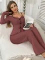 Conjunto de pijama sexy de manga larga con hombros descubiertos y pantalón acanalado - S / Rosa loto