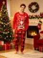 Detalles de pijama navideño acogedor con gráfico festivo y pantalón a cuadros rojos. - S / Hombre
