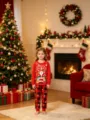 Conjunto de pijama navideño para niños manga larga con top de Papá Noel y pantalón a cuadros. - 4 / Niños
