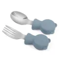 Baby stainless steel fork spoon set grey silicone bear handle toddler training tableware - Gray