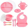 Pink baby silicone feeding set 9-piece divided plate bowl cup bib spoon fork baby tableware - Y14 Feeding Set: Plate & Lid, Bowl with Handles & Lid, Bib, Sippy Cup & Snack Lid, Silicone & Wooden Handle Spoon & Fork