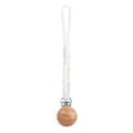 White silicone pacifier clip with wooden bead and metal clasp, baby teething toy accessory. - Y1