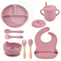 Babyservies set van siliconen met zuignap bord kom slabbekje beker lepel vork roze - Y19 Set met deksel