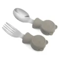 Stainless steel baby spoon and fork training tableware set with cute grey silicone handles. - Gray