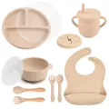 Baby silicone feeding set split plate suction bowl cup spoon fork bib beige 9pcs set - Y15 Plate + Lid + Bowl with Handles + Lid + Bib + Straw Cup + Snack Lid + Silicone Spoon & Fork + Wooden Handle Spoon & Fork