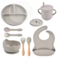 Grijs siliconen baby servies set met verdeeld bord kom beker lepel en houten vork. - Y20 Set met deksel