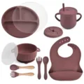 Baby silicone feeding set 9pcs, toddler suction plate bowl bib spoon fork cup - Y16 Plate + Lid + Bowl with Handles + Lid + Bib + Straw Cup + Snack Lid + Silicone Spoon & Fork + Wooden Handle Spoon & Fork