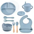 Baby siliconen servies set zuignap bord kom lepel vork beker slabbetje kinder set - Y21 Set met deksel