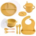Yellow silicone baby feeding set 9-piece tableware toddler weaning plate bowl cup bib - Y17 Plate + Lid + Bowl with Handles + Lid + Bib + Straw Cup + Snack Lid + Silicone Spoon & Fork + Wooden Handle Spoon & Fork