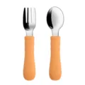 Stainless steel silicone baby fork and spoon set toddler feeding cutlery orange cute design - Y25