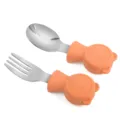 Baby silicone spoon fork set, orange bear stainless steel toddler training cutlery. - Orange