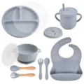 Baby silicone feeding set 9pcs grey toddler suction plate bowl cup bib spoon fork set - Y18 Plate + Lid + Bowl with Handles + Lid + Bib + Straw Cup + Snack Lid + Silicone Spoon & Fork + Wooden Handle Spoon & Fork