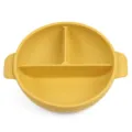 Yellow round silicone baby suction bowl with 3 compartments and handles for toddler feeding. - Y28