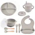 Baby silicone feeding set 9 pieces toddler divided plate bowl spoon fork cup bib grey - Y20 Dinner Plate + Lid + Bowl with Handles + Lid + Bib + Straw Cup + Snack Lid + Silicone Spoon & Fork + Wooden Handle Spoon & Fork