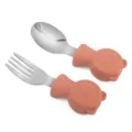 Baby stainless steel training fork and spoon set with cute silicone bear handles for kids. - Pink