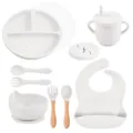 Siliconen baby servies set met verdeeld bord, zuignap kom, tuitbeker en slabber erbij. - Y23 Set met deksel
