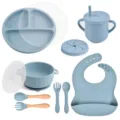 Baby silicone feeding set 9-piece blue plate bowl cup bib spoon fork baby tableware - Y21 Dinner Plate + Lid + Bowl with Handles + Lid + Bib + Straw Cup + Snack Lid + Silicone Spoon & Fork + Wooden Handle Spoon & Fork