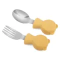 Baby stainless steel training fork and spoon set with cute yellow silicone bear handles - Yellow