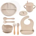 Siliconen baby servies set met verdeeld bord kom kop lepel vork en slabbetje voor peuters. - Y24 Set met deksel