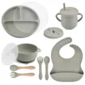 Baby silicone feeding set 9 pieces grey children weaning tableware with suction bowl plate cup - Y22 Dinner Plate + Lid + Bowl with Handles + Lid + Bib + Straw Cup + Snack Lid + Silicone Spoon & Fork + Wooden Handle Spoon & Fork