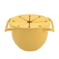 Yellow silicone baby snack cup with dual handles and soft petal lid for portable feeding. - Yellow