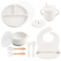 Baby silicone feeding set with suction plate bowl cup fork spoon bib white variant - Y23 Plate with Lid + Bowl with Handles with Lid + Bib + Straw Cup + Snack Lid + Silicone Fork & Spoon + Wooden Handle Fork & Spoon