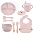 Baby siliconen servies set met verdeeld bord, zuignapkom, tuitbeker, lepel, vork en slabbetje. - Y26 Set met deksel