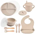 Silicone baby feeding set 9-piece weaning tableware toddler suction plate bowl cup bib spoon - Y24 Plate with Lid + Bowl with Handles with Lid + Bib + Straw Cup + Snack Lid + Silicone Fork & Spoon + Wooden Handle Fork & Spoon